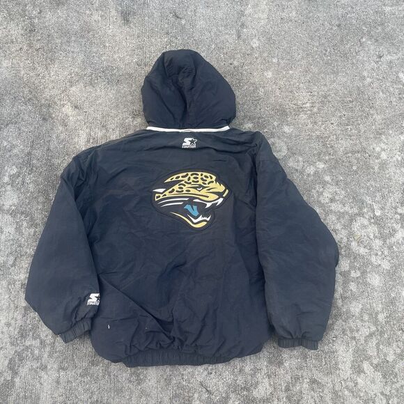 Vintage Starter Jacksonville Jaguars Jacket Mens XL Black Hooded NFL 90s Puffer - Picture 1 of 13